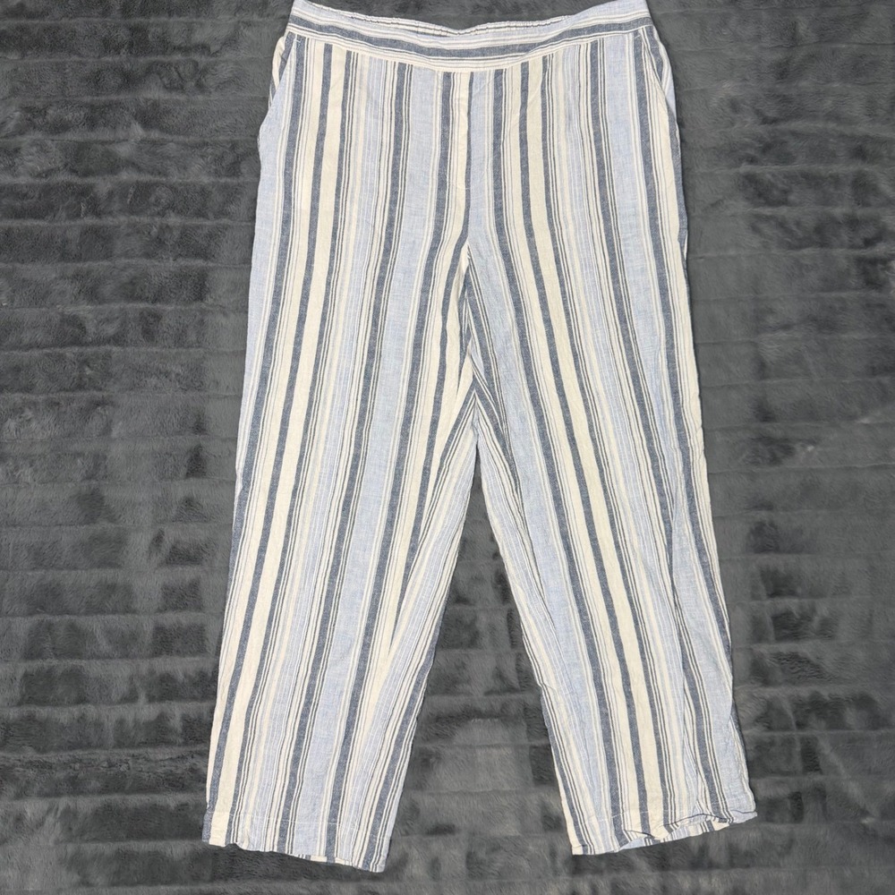 Chico's Blue White Striped Linen Blend Ankle Pants Size 1 Elastic Waist Relaxed